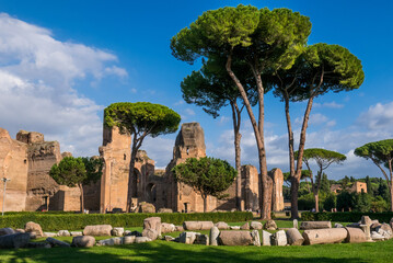 Obraz premium Terme di Caracalla or the Bath of Caracalla springs ruins, view from ground panoramic in Rome - Italy