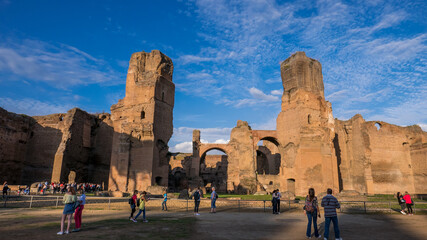 Terme di Caracalla or the Bath of Caracalla springs ruins, view from ground panoramic in Rome -...