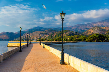 View of the De Bosset Bridge in Argostoli city on Kefalonia island. De Bosset Bridge on lakeside In...