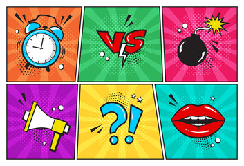 Comic vector icon in pop art style. Fun bright pattern set. Clock, bomb, megaphone, lips. Cartoon illustration - obrazy, fototapety, plakaty