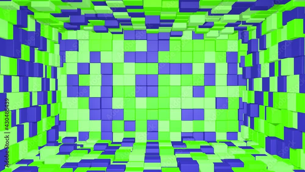 Poster abstract room interior with green purple cubes. box cube random geometric background. square pixel m