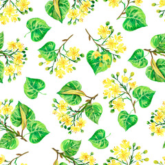 Watercolor seamless pattern with linden twigs and flowers, floral pattern 