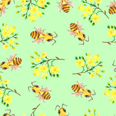 Watercolor seamless pattern with bees, summer pattern with insects, childrens print 