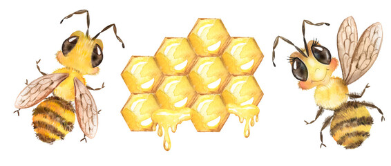 Watercolor illustration with cute bees, funny insects, baby pictures 