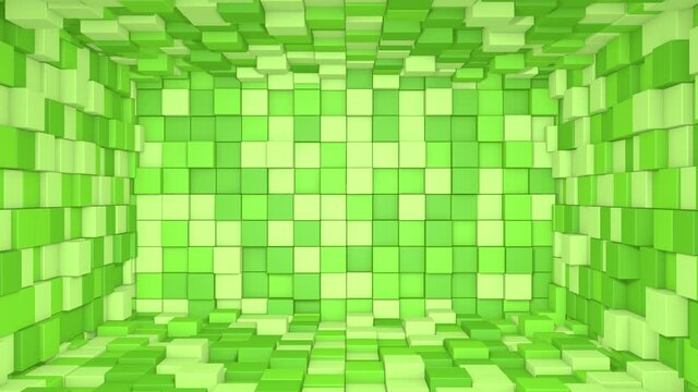 Abstract room interior with green cubes. Box cube random geometric background. Square pixel mosaic background. Land blocks. Mock-up for your  project. Minecraft style. 3d animation loop of 4K