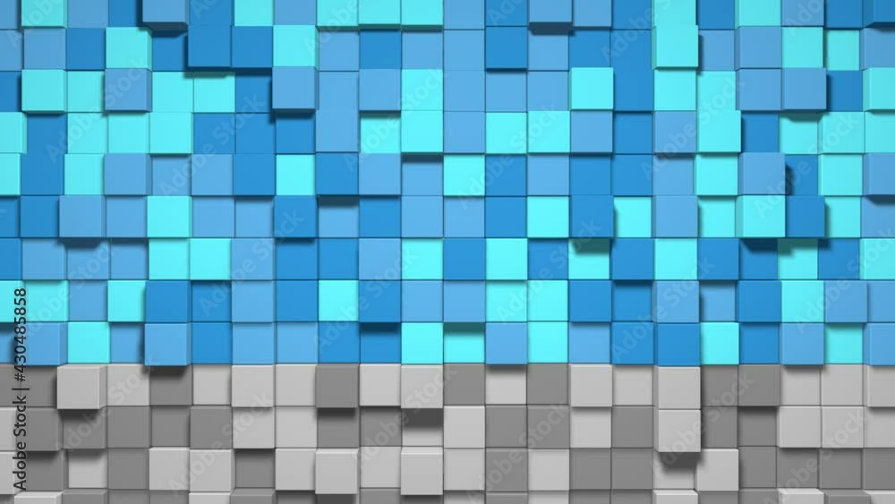 Poster geometric mosaic waves pattern. construction of hills landscape using blue multicolored blocks, blue