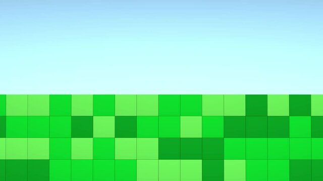 Geometric mosaic waves pattern. Construction of hills landscape using green grass blocks, blue sky. 3d animation loop of 4K