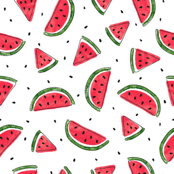Seamless watermelons pattern. Vector summer background with watercolor watermelon slices.