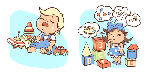 illustration with upset, puzzled, crying children, play, toys