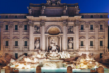 Trevi fountain at sunrise, Rome, Italy. Rome baroque architecture and landmark. Rome Trevi fountain...