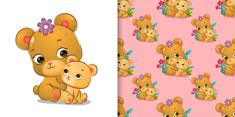 The big cute bear is sitting behind the baby bear in the seamless pattern set