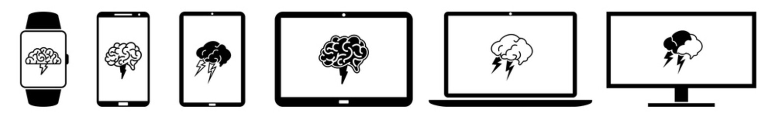 Display Brainstorming Brain Brainstorm Thinking Icon Devices Set | Web Screen Creative Idea Jogging Device Online | Laptop Vector Illustration | Mobile Phone | PC Computer Tablet Sign Isolated