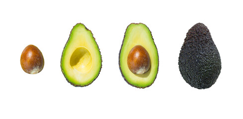 Top view of fresh ripe whole and half avocado fruit isolated on white background