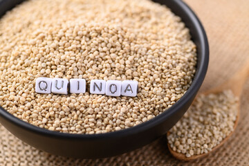 Brown quinoa seeds in a bowl and spoon, Edible seeds are high protein, Healthy food