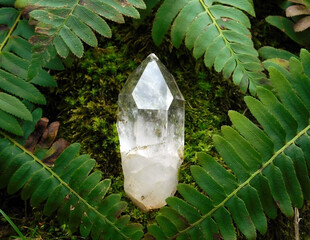 A clear quartz crystal on moss surrounded by lush ferns. - obrazy, fototapety, plakaty