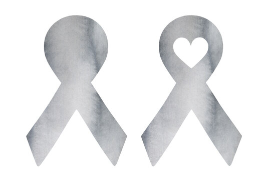 Water color illustration set of two gray ribbons: with love heart shape and clean template that can be used for your text words. Hand painted watercolour drawing, isolated clipart elements for design.