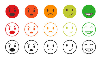 Cartoon vector scale emoji set. Vector red, orange, green emoticon collection isolated on white. World emoji day. Mood and facial smiles. Funny, angry, happy and sad faces web icons for message.