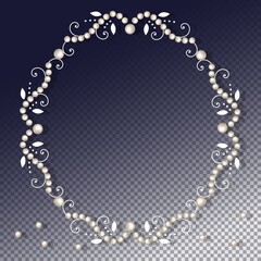 Pearl frame with decorative elements isolated on transparent background. Luxury vintage pearl border and corner for wedding, decoration, banners, cards or invitation. Vector illustration