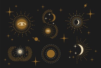 Esoteric doodle signs. Witchcraft design elements. Mystical moon, stars, eye, sun icons vector illustration. Spirituality, mysticism, magic, space, astrology linear icon set