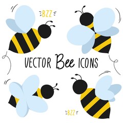 Vector bee icon set isolated on white. Cartoon style summer characters illustration. Cute flat style bees for logo, poster, greeting card, banner, baby shower, fashion, invitation or packaging design