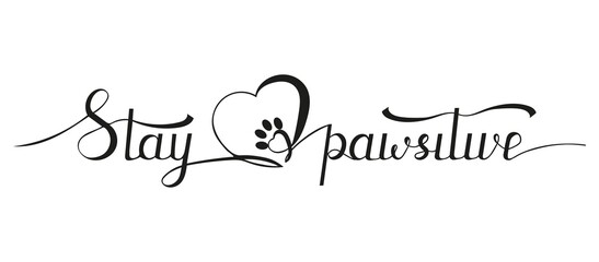 Stay positive lettering inscription with heart and cat or dog paw. Stay pawsitive funny design template. Hand drawn pet quote isolated on white background. Brush calligraphy. Vector illustration