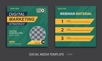 set live webinar social media template, with color  green and yellow for online webinar, conference, training, seminar, course and learning video.