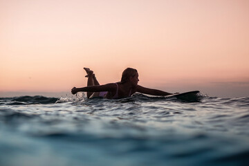Portrait from the water of surfer girl with beautiful body on surfboard in the ocean at sunset time...