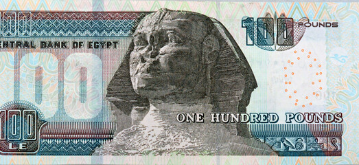 The reverse side of 100 Egyptian pounds banknote year 2021. reverse side has an image of Sphinx, a...