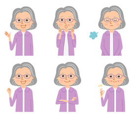 年配の女性の様々な表情.　ベクターイラストのセット