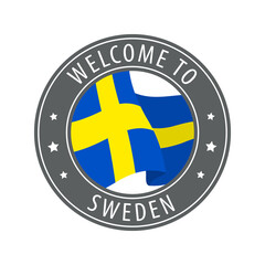 Welcome to Sweden. Gray stamp with a waving country flag.