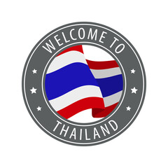 Welcome to Thailand. Gray stamp with a waving country flag.