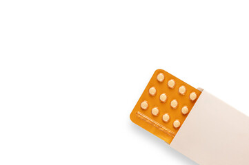Female oral contraceptive pill blister in white case  isolated on white background. Birth control concept