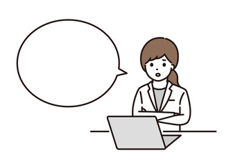 パソコンの前で腕組みをして悩んでいる女性薬剤師 吹き出し