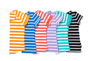 Group of folded colorful striped T-shirts isolated on white