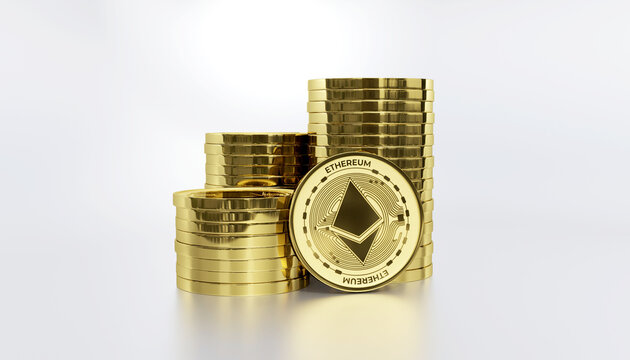 stack of gold coin ethereum cryptocurrency on a white background 3d rendering illustration