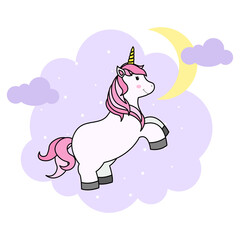 Cute Cartoon Unicorn on Cloud and Rainbow For Print T-shirt or Sticker, Wallpaper Background and Hand Drawing Illustration For Children