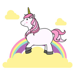 Cute Cartoon Unicorn on Cloud and Rainbow For Print T-shirt or Sticker, Wallpaper Background and Hand Drawing Illustration For Children