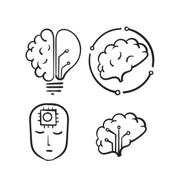 hand drawn doodle brain machine symbol for artificial intelligence illustration vector isolated