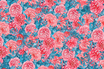 A shabby background filled with watercolor roses. Beautiful retro floral background for wrappers, stickers, invitations, postcards, banners - 430504001