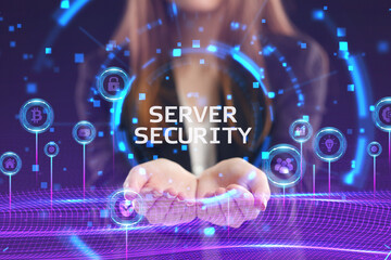 Business, Technology, Internet and network concept. Young businessman working on a virtual screen of the future and sees the inscription: Server security