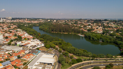 Aerial drone images from the Taquaral park in Campinas, São Paulo. With a view to Cambuí.