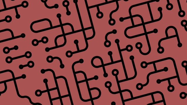 Abstract black circuits turning into squares on a red background, animation