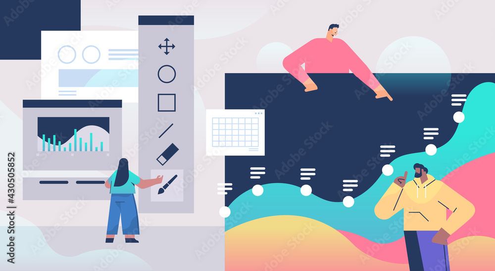 Poster designers team creating website user interface graphic design ui creative service concept
