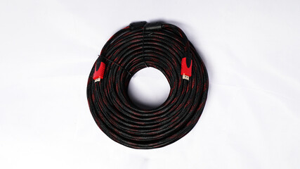 red and black hdmi display cable on a white background