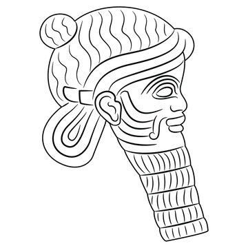 Head in profile of a bearded man. Black and white linear silhouette. Ancient Sumerian or Elamite male portrait. 