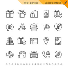 Fototapeta premium Gift box and present thin line icon set for shopping and celebration. Pixel perfect. Editable stroke. 