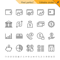 Finance and wallet thin line icon set for banking and money management. Pixel perfect. Editable stroke.