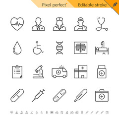 Medical and healthcare thin line icon set for hospital and treatment service. Pixel perfect. Editable stroke.