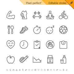 Fitness and healthy lifestyle thin line icon set for exercise and wellness. Pixel perfect. Editable stroke.