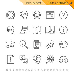 Help center and support service thin line icon set for faq and information. Pixel perfect. Editable stroke.